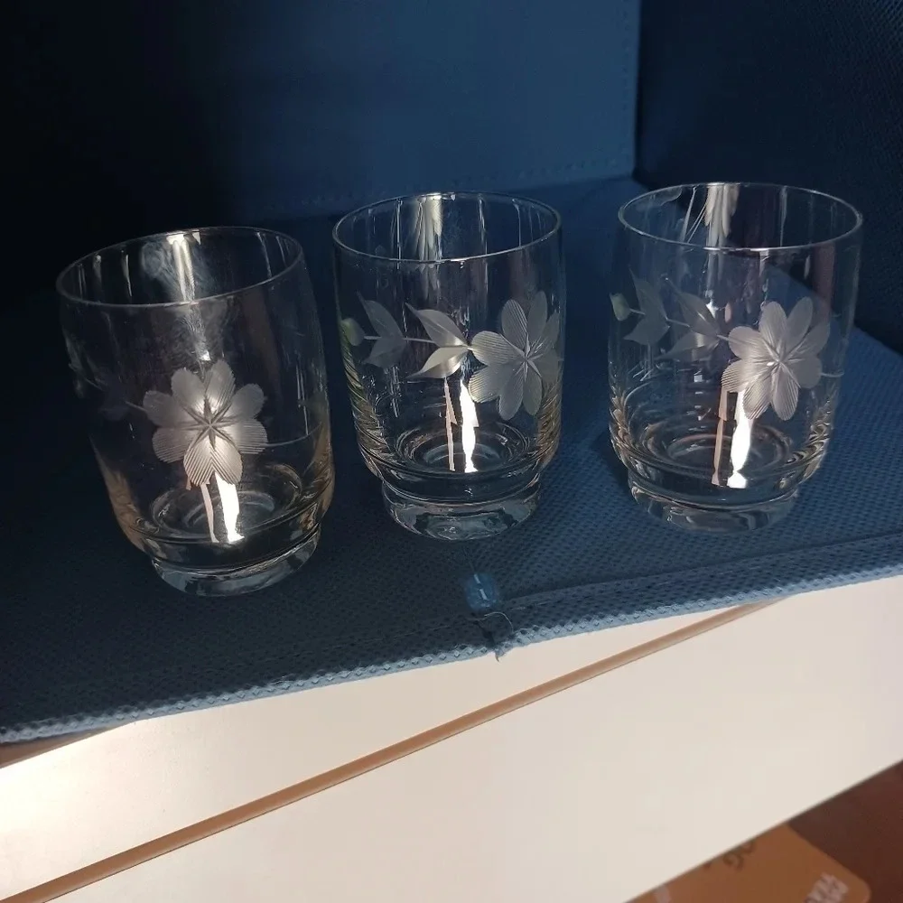 Crystal wine carafe and glasses set of 4 etched floral pattern